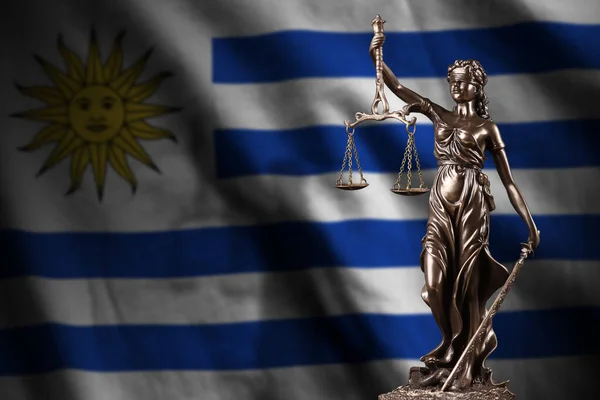 Drapeau Uruguay Avec Statue Dame Justice Balances Judiciaires Dans Chambre — Photo