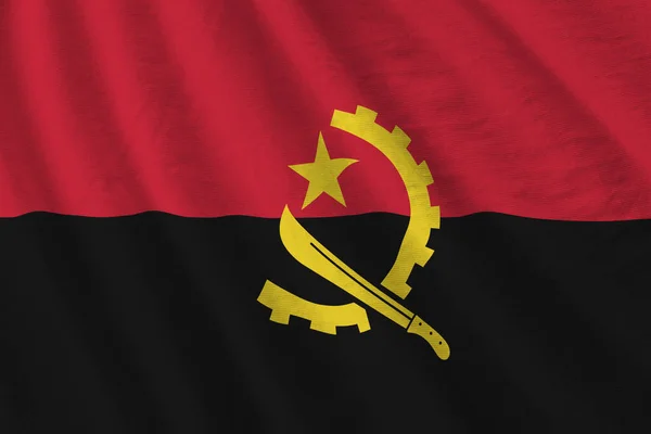 Флаг Анголы Большими Складками Размахивающими Близко Студийным Освещением Помещении Официальные — стоковое фото