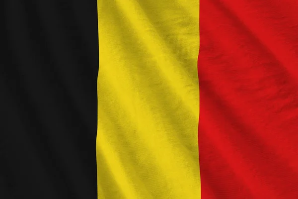 Σημαία Βελγίου Μεγάλες Πτυχές Κυματίζει Κοντά Κάτω Από Φως Στούντιο — Φωτογραφία Αρχείου