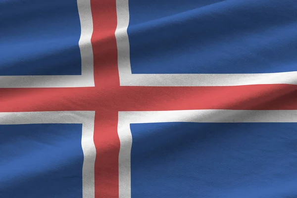 Bandera Islandia Con Grandes Pliegues Ondeando Cerca Bajo Luz Del —  Fotos de Stock