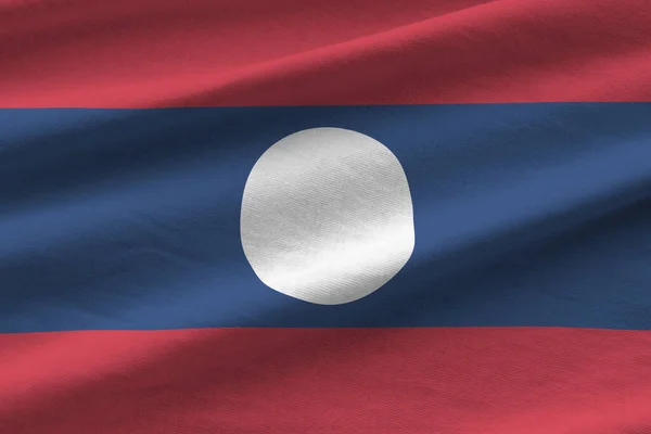 Bandiera Laos Con Grandi Pieghe Che Sventolano Vicino Sotto Luce — Foto Stock