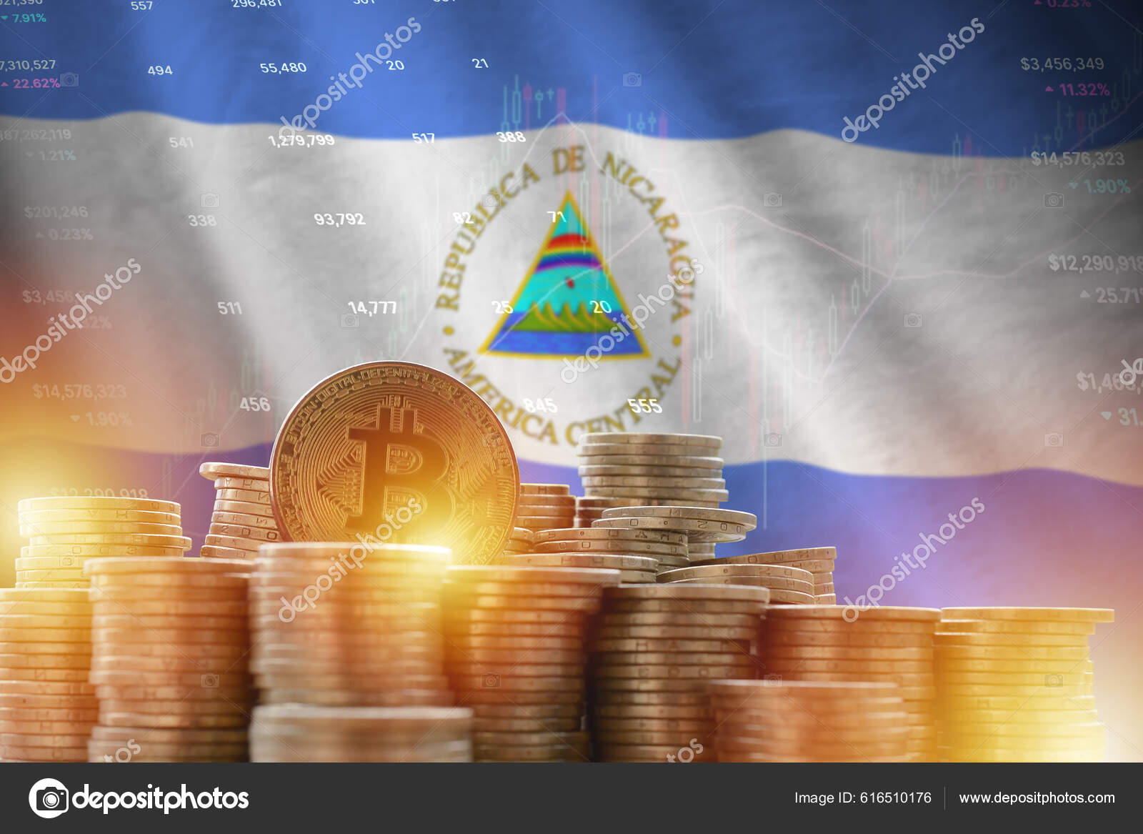 Bandera Nicaragua Gran Cantidad Monedas Oro Bitcoin Gráfico Plataforma  Comercio — Foto editorial de stock #616510176 ©Mehaniq