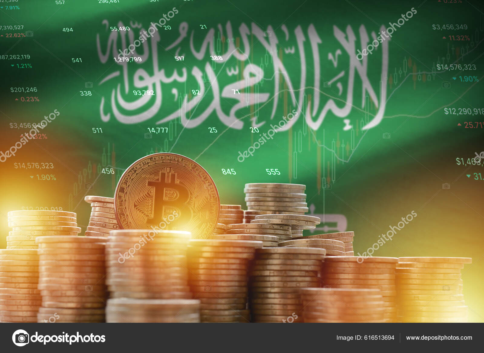 사우디 아라비아 국기와 금화와 차트입니다 암호화 — 스톡 에디토리얼 사진 © Mehaniq #616513694