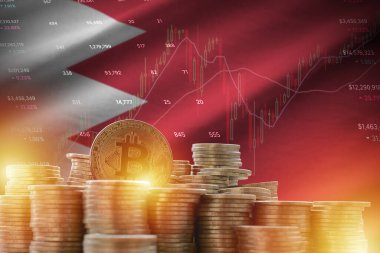 Bahreyn bayrağı ve büyük miktarda altın bitcoin sikkeler ve ticaret platformu şeması. Kripto para birimi kavramı