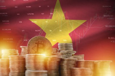 Vietnam flag and big amount of golden bitcoin coins and trading platform chart. Crypto currency concept clipart