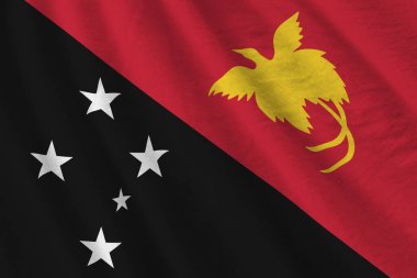 Papua Yeni Gine bayrağı. Stüdyo ışıklarının altında büyük kıvrımlar sallanıyor. Resmi semboller ve renkler kumaş pankartıyla
