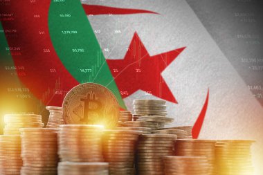 Cezayir bayrağı ve büyük miktarda altın bitcoin sikkeler ve ticaret platformu şeması. Kripto para birimi kavramı