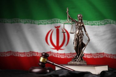 Iran flag with statue of lady justice, constitution and judge hammer on black drapery. Concept of judgement and punishment clipart