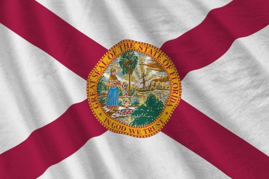 Florida eyaleti bayrağı. Stüdyo ışıklarının altında büyük kıvrımlar sallanıyor. Resmi semboller ve renkler kumaş pankartıyla