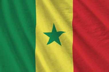 Büyük kıvrımlı Senegal bayrağı stüdyo ışıklarının altında sallanıyor. Resmi semboller ve renkler kumaş pankartıyla