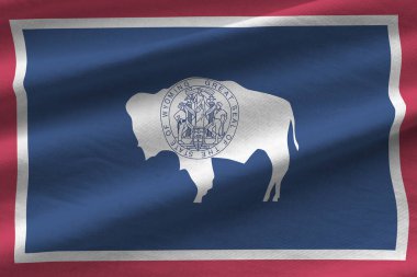 Wyoming ABD bayrağı, büyük kıvrımlar sallanıyor stüdyo ışıklarının altında. Resmi semboller ve renkler kumaş pankartıyla