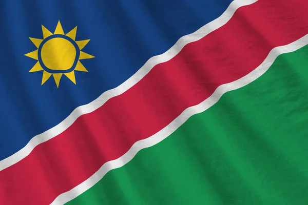 Namibië Vlag Met Grote Plooien Zwaaien Close Onder Studio Licht — Stockfoto