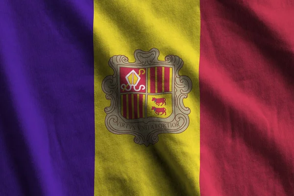 Andorra Flag Big Folds Waving Close Studio Light Indoors Official — Stock Photo, Image