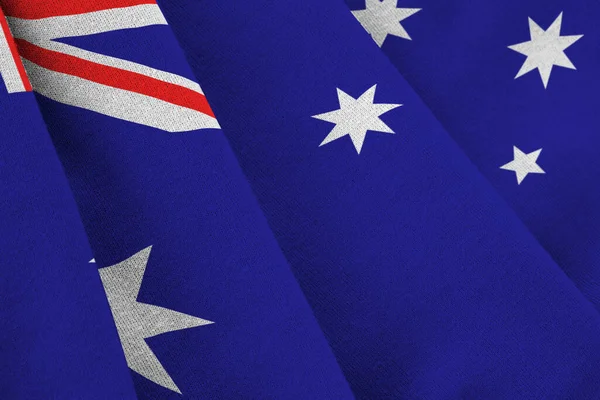 Drapeau Australie Avec Grands Plis Agitant Gros Plan Sous Lumière — Photo