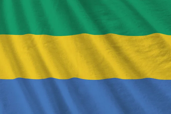 Gabon Flag Big Folds Waving Close Studio Light Indoors Official — Stock Photo, Image