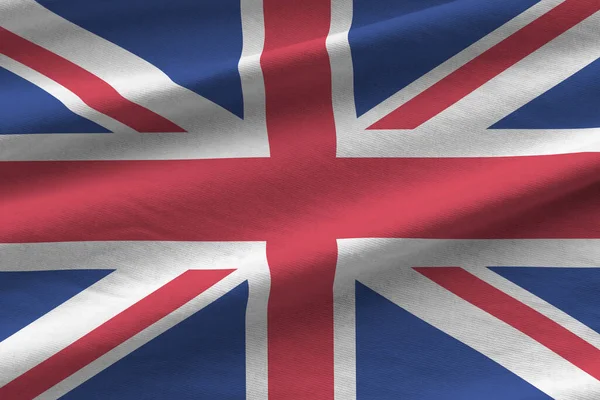 Wielka Brytyjska Flaga Dużymi Fałdami Machająca Bliska Pod Światłem Studyjnym — Zdjęcie stockowe
