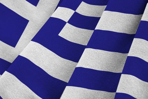 Drapeau Grèce Avec Grands Plis Agitant Gros Plan Sous Lumière — Photo