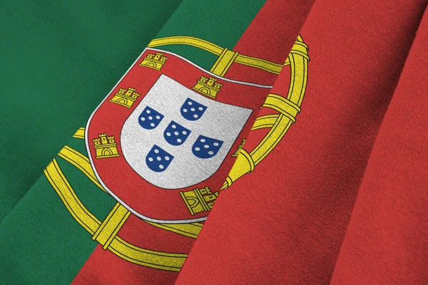 Portugal Flagga Med Stora Veck Viftar Närbild Studion Ljus Inomhus — Stockfoto