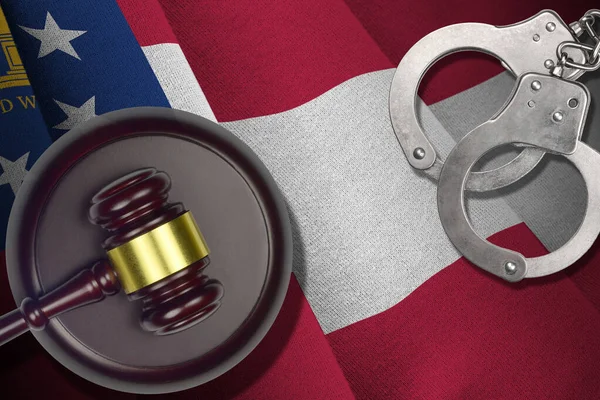 Georgia US state flag with judge mallet and handcuffs in dark room. Concept of criminal and punishment, background for guilty topics