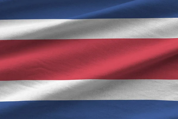 Costa Rica Flagga Med Stora Veck Viftar Närbild Studion Ljus — Stockfoto