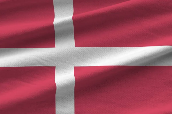 Данський Прапор Великими Складками Розмахуючи Під Освітленням Студії Приміщенні Офіційні — стокове фото