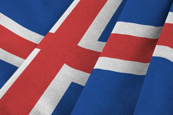 Bandera Islandia Con Grandes Pliegues Ondeando Cerca Bajo Luz Del — Foto de Stock