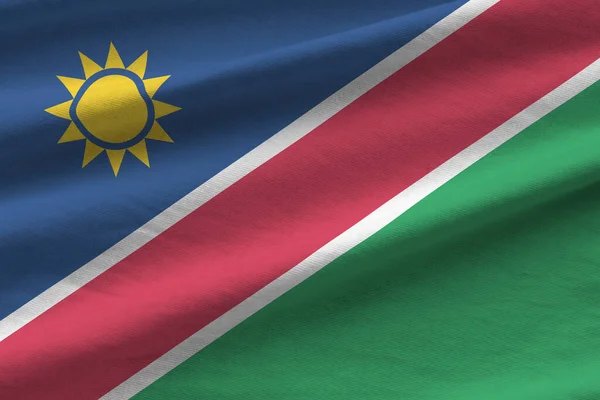 Namibië Vlag Met Grote Plooien Zwaaien Close Onder Studio Licht — Stockfoto