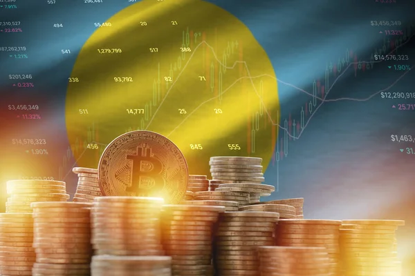 Palau Flag Big Amount Golden Bitcoin Coins Trading Platform Chart — Stock Photo, Image