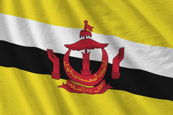 Флаг Брунея Даруссалама Большими Складками Размахивающими Близко Студийным Освещением Помещении — стоковое фото