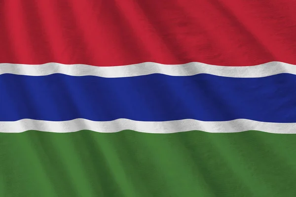 Gambia Vlag Met Grote Plooien Zwaaien Close Onder Studio Licht — Stockfoto