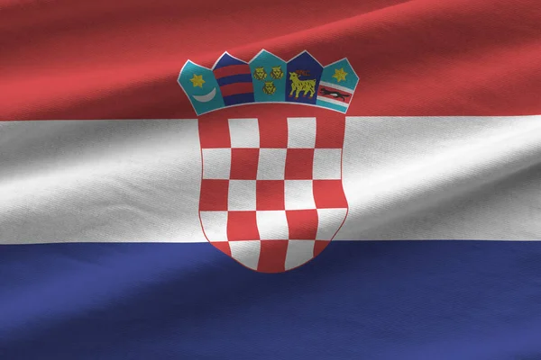 Chorvatská Vlajka Velkými Záhyby Vlnící Zblízka Pod Studiovým Světlem Uvnitř — Stock fotografie