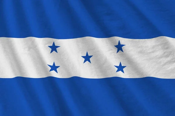 Bandera Honduras Con Grandes Pliegues Ondeando Cerca Bajo Luz Del — Foto de Stock