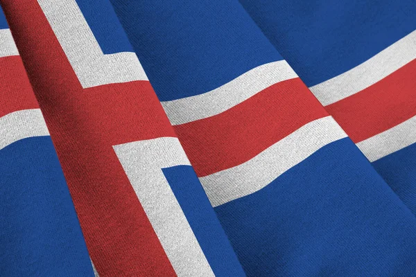 Ісландський Прапор Великими Складками Махають Під Освітленням Студії Офіційні Символи — стокове фото