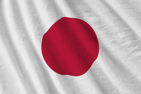 Bandeira Japão Com Grandes Dobras Acenando Perto Sob Luz Estúdio — Fotografia de Stock
