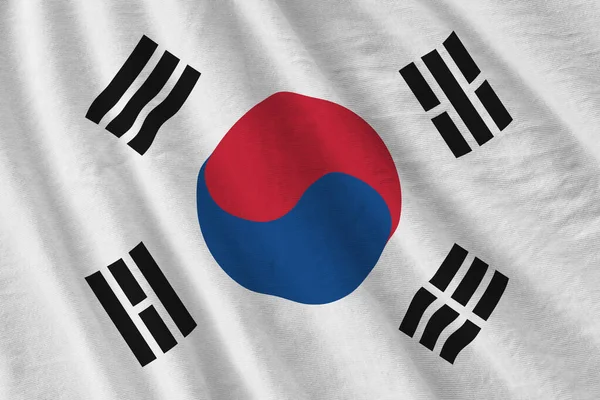 South Korea Flag Big Folds Waving Close Studio Light Indoors — Stock Photo, Image