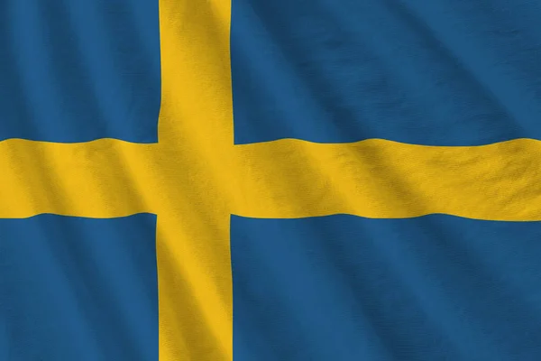Švédská Vlajka Velkými Záhyby Mávající Zblízka Pod Studiovým Světlem Uvnitř — Stock fotografie