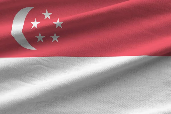 Singapore Flag Big Folds Waving Close Studio Light Indoors Official — Stock Photo, Image