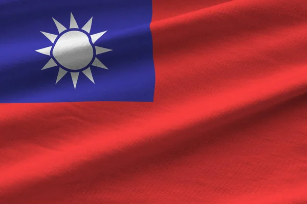 Тайваньский Флаг Большими Складками Размахивающими Близко Студийным Освещением Помещении Официальные — стоковое фото