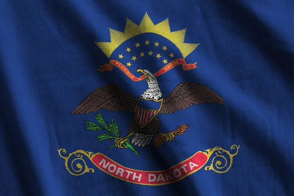 North Dakota State Flag Big Folds Waving Close Studio Light — Stock Photo, Image