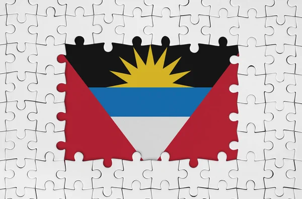 Bandera Antigua Barbuda Marco Piezas Rompecabezas Blanco Con Piezas Centrales — Foto de Stock