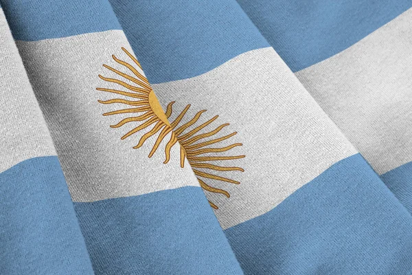 阿根廷国旗 巨大的褶皱在室内的工作室灯光下摇曳着 织物横幅中的官方符号和颜色 — 图库照片