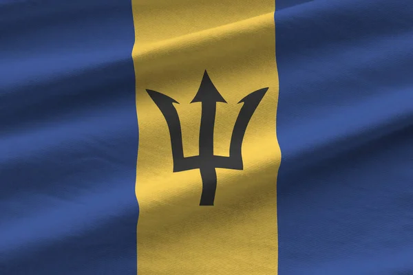 Barbados Flagga Med Stora Veck Viftar Nära Håll Studioljuset Inomhus — Stockfoto