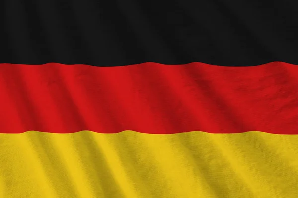 Σημαία Της Γερμανίας Μεγάλες Πτυχές Κυματίζει Κοντά Κάτω Από Φως — Φωτογραφία Αρχείου