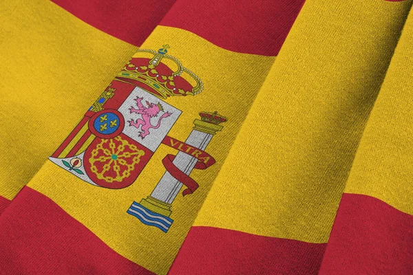 Spanien Flagga Med Stora Veck Viftar Tätt Studion Ljus Inomhus — Stockfoto