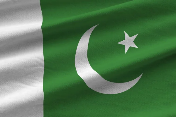 Pákistánská Vlajka Velkými Záhyby Vlnícími Zblízka Pod Studiovým Světlem Uvnitř — Stock fotografie
