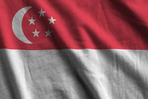 Singapore Flag Big Folds Waving Close Studio Light Indoors Official — Stock Photo, Image