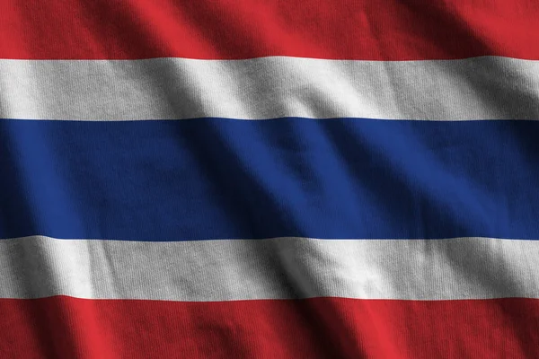 Thajská Vlajka Velkými Záhyby Mávající Zblízka Pod Studiovým Světlem Uvnitř — Stock fotografie