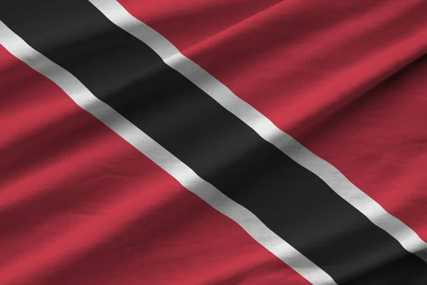 Trinidad Tobago Vlag Met Grote Plooien Zwaaien Close Onder Studio — Stockfoto