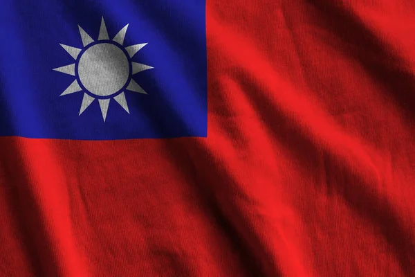 Taiwan Flag Big Folds Waving Close Studio Light Indoors Official — Stock Photo, Image