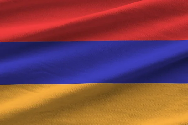 Bandeira Armênia Com Grandes Dobras Acenando Perto Sob Luz Estúdio — Fotografia de Stock